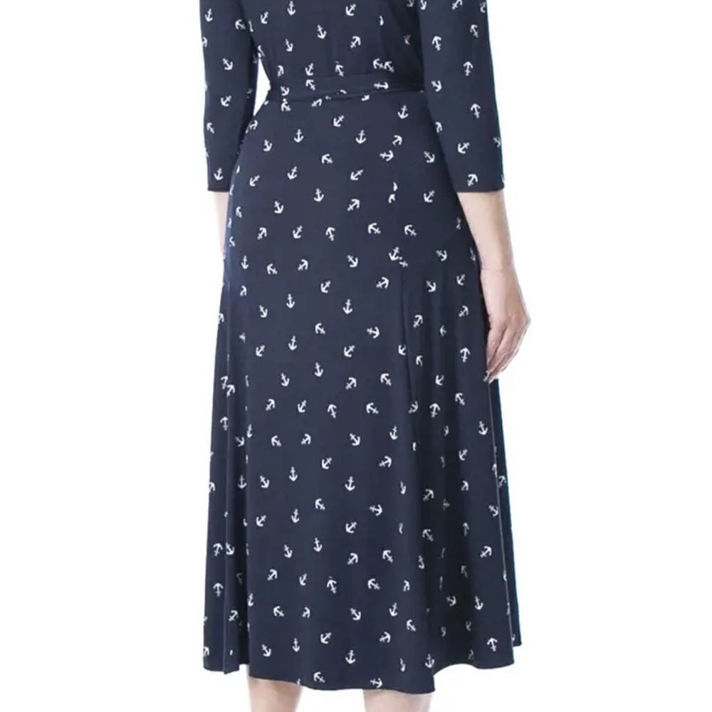 Nina Leonard S Jersey Crew Neck Quarter Sleeve Midi Dress Navy White Lilac Print - Picture 12 of 16